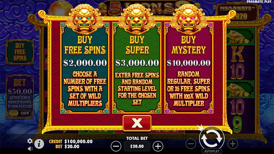 Buy Free Spins feature in 5 Lions Megaways 2 slot offering Buy Free Spins, Buy Super and Buy Mystery options.