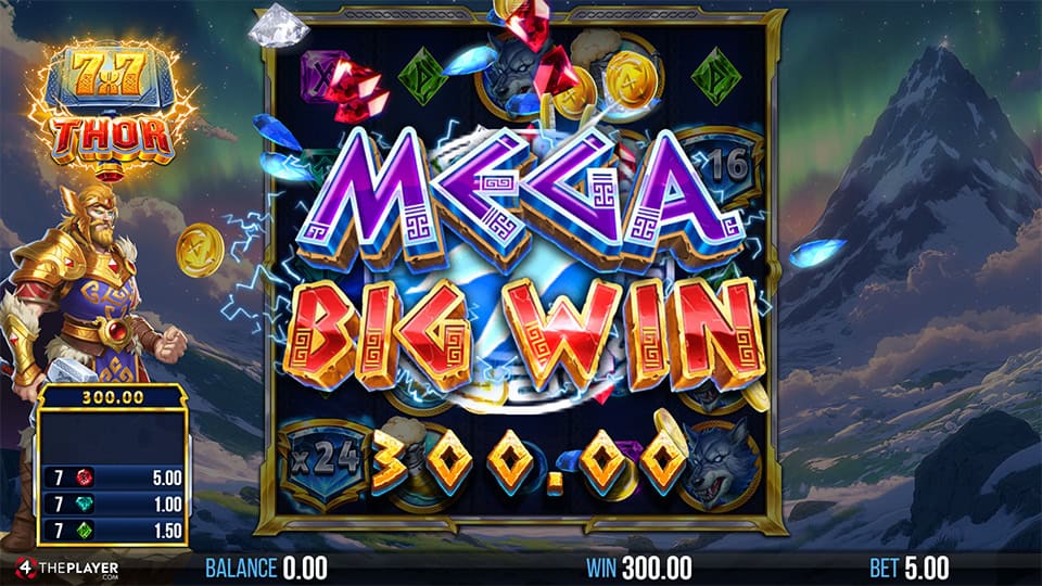Mega Big Win screen in 7x7 Thor slot displaying a €300 payout.