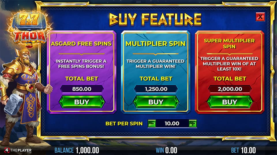 Bonus Buy feature in 7x7 Thor slot offering Asgard Free Spins, Multiplier Spin or Super Multiplier Spin.