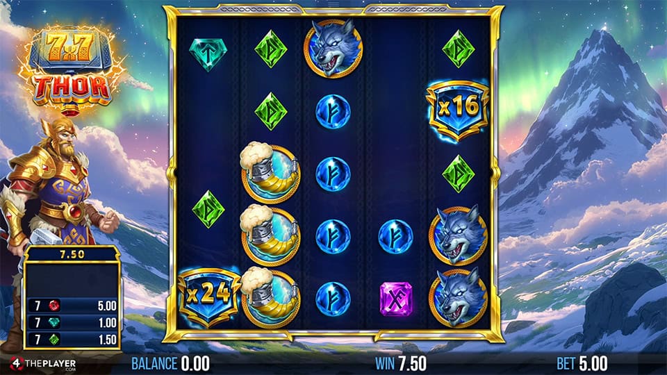 Multiplier symbols with x24 and x16 values appearing in 7x7 Thor slot, boosting payouts.