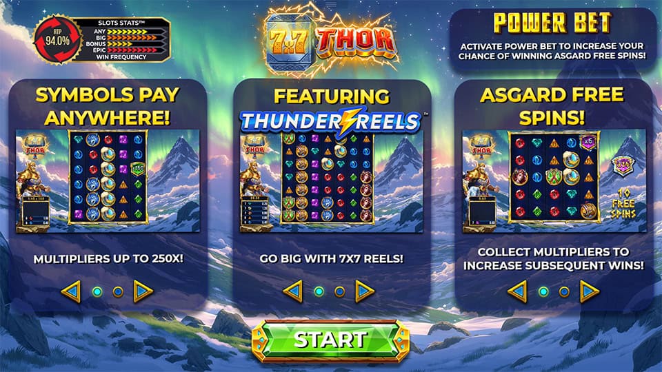 Homepage of 7x7 Thor slot introducing game features and bonus mechanics.