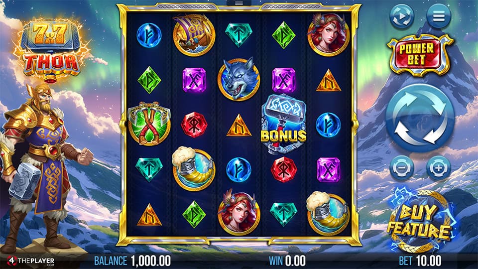 Preview of 7x7 Thor slot showing the reels and Thor-themed symbols in action.