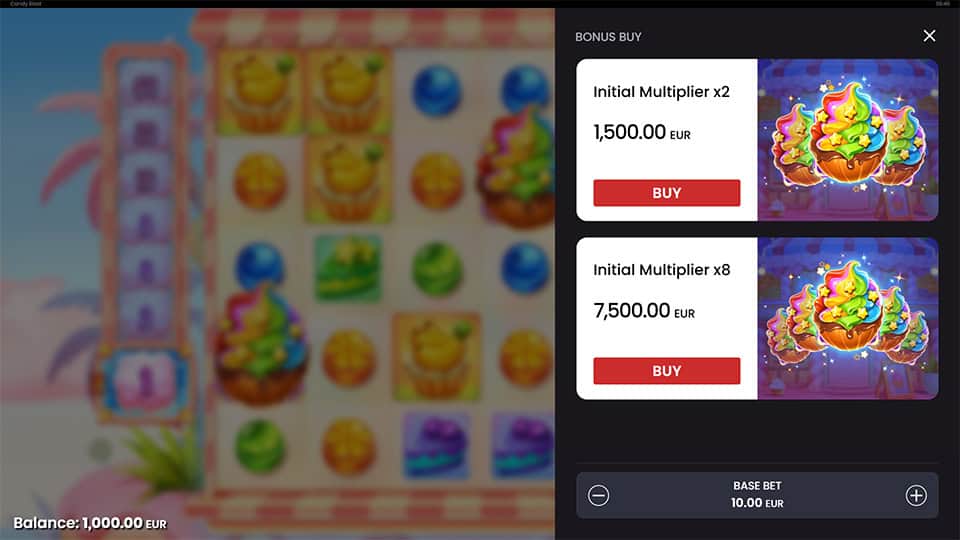 Candy Blast slot bonus buy menu offering two purchase options for initial multipliers.