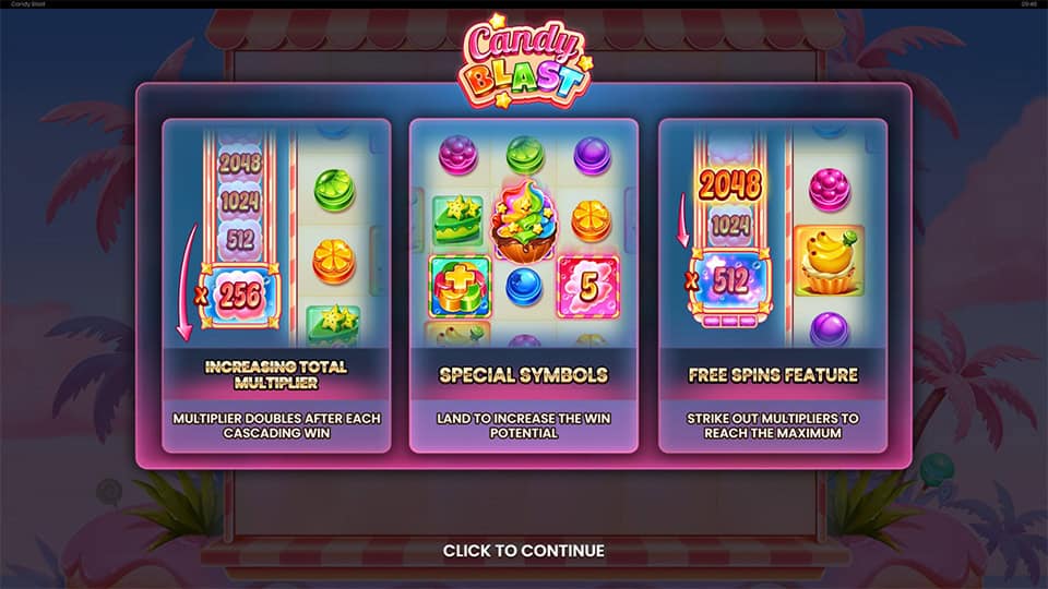 Candy Blast slot features screen explaining multipliers, special symbols and free spins.