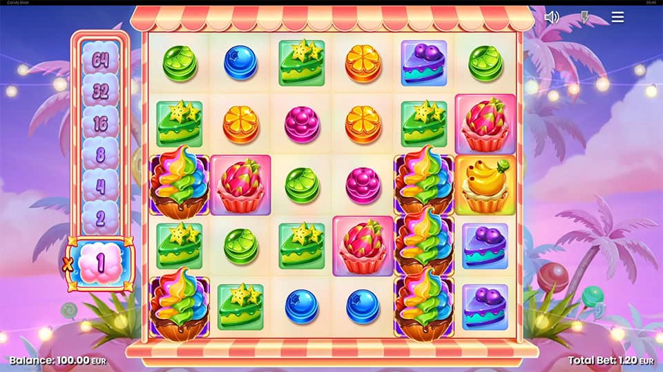 Candy Blast slot gameplay showing five scatter symbols triggering the x8 free spins round.