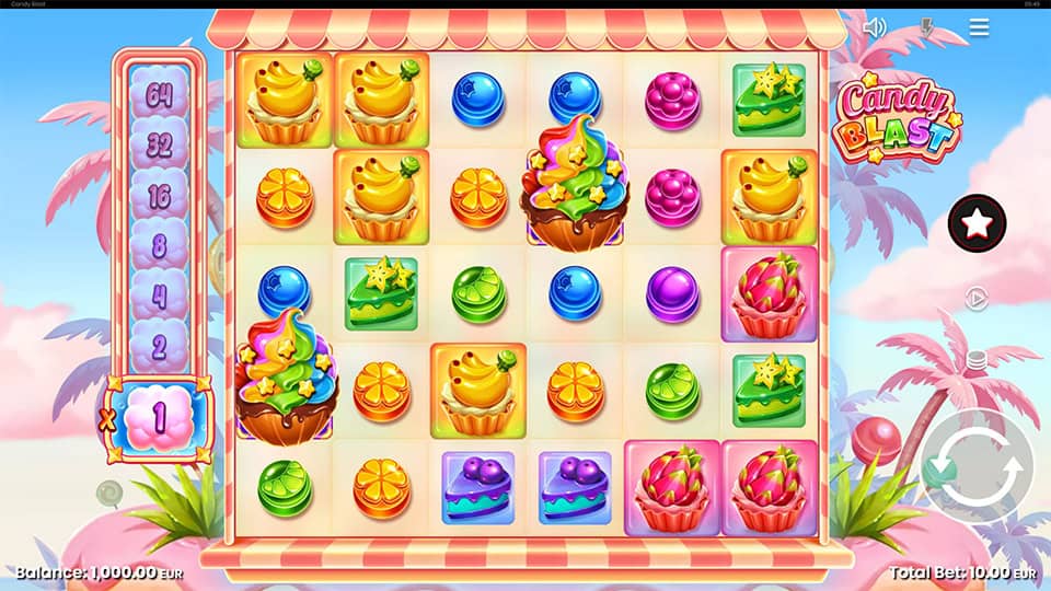 Candy Blast slot gameplay with cascading reels and various colorful sweet-themed symbols.