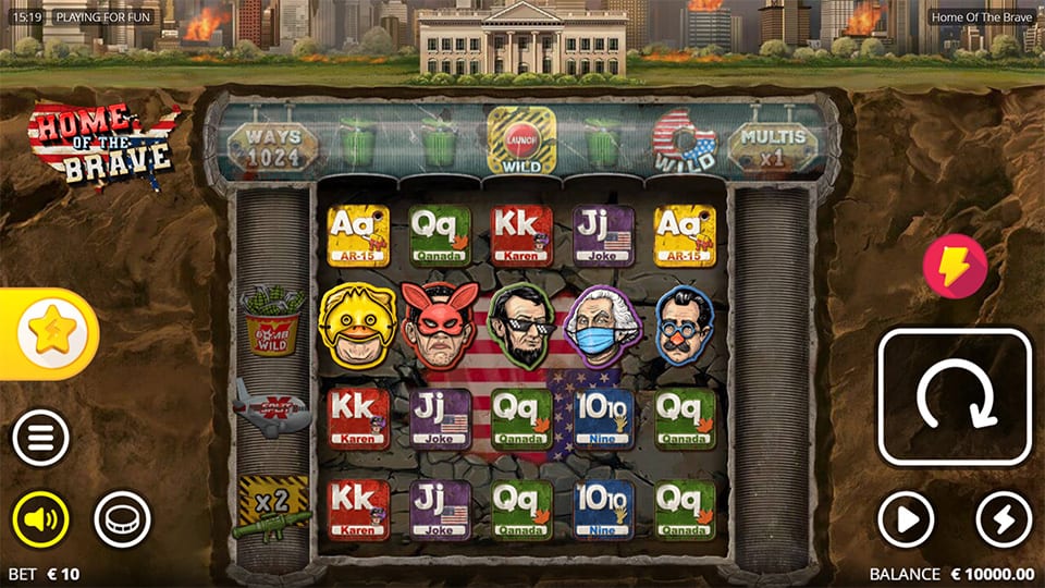 Home of the Brave slot reels with unique symbols, multipliers and bonus icons in a bunker setting.