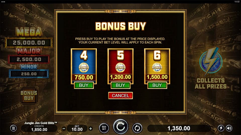 Buy Bonus feature in Jungle Jim Gold Blitz slot allowing players to purchase 4, 5 or 6 Scatter Symbols for 75x, 120x or 150x the bet, increasing the chance for more Scatters and maximum feature potential.