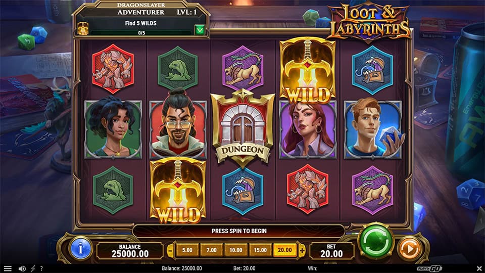 Loot & Labyrinths slot reels with character symbols, wilds and dungeon-themed icons.