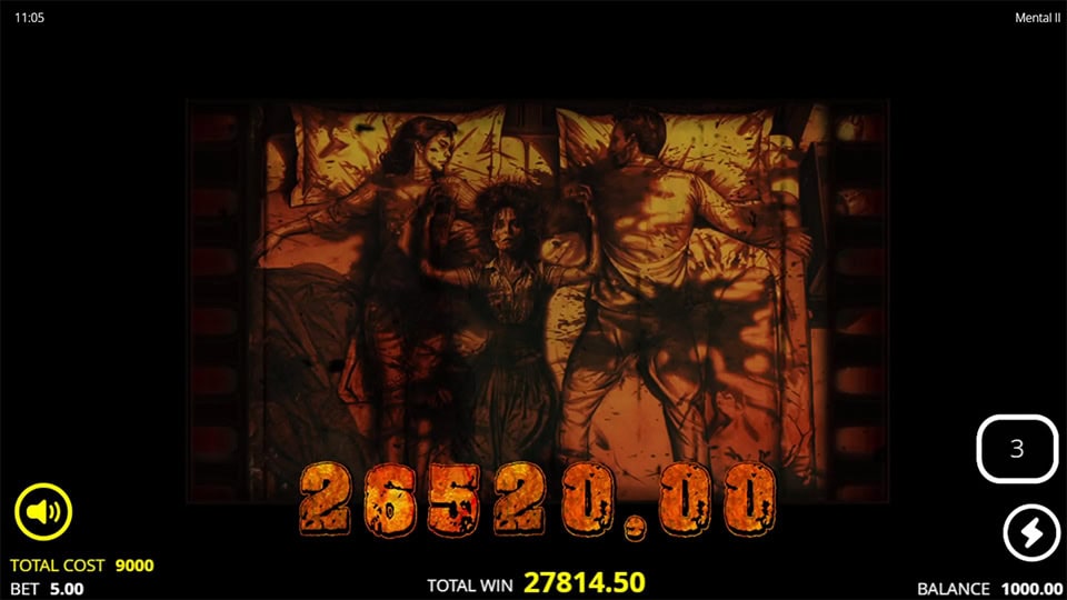 Mental 2 slot big win screen showing a total payout of 26,520 with a cinematic blood-soaked animation.