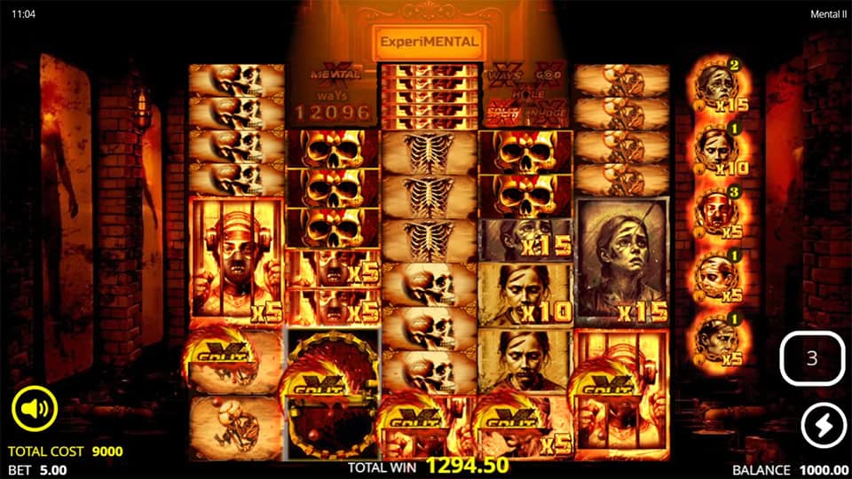 Mental 2 xSplit feature triggered in the base game with reel-splitting animation on symbol drop.