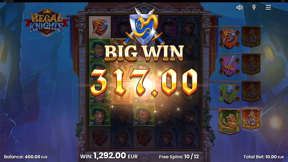 Big Win popup showing €317.00 with glowing light and crossed sword emblem over darkened game background.