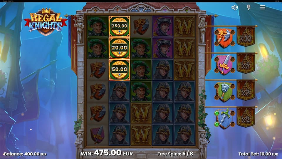 Golden coin prize symbols worth €250, €20 and €50 stacked on the reels during free spins.