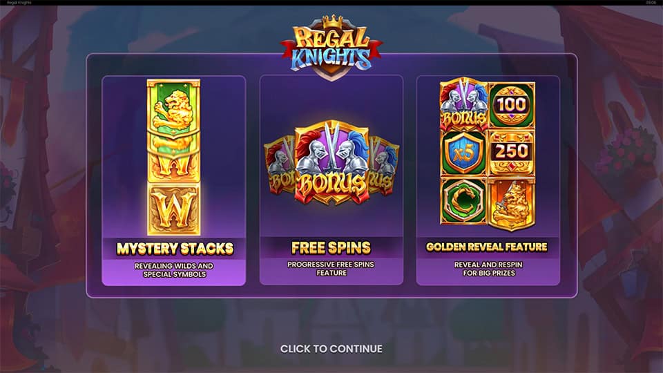 Intro screen of Regal Knights slot featuring Mystery Stacks, free spins and Golden Reveal feature panels.