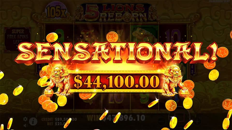Sensational big win screen in 5 Lions Reborn slot displaying a $44,100 win with golden lion statues.