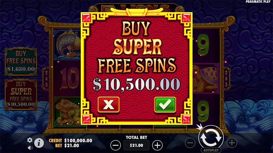 Super Free Spins buy feature in 5 Lions Reborn slot, offering entry for 500x the bet.
