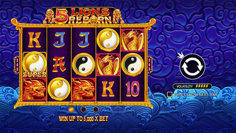 Homepage screen of 5 Lions Reborn slot explaining Super Scatter and the maximum win potential.