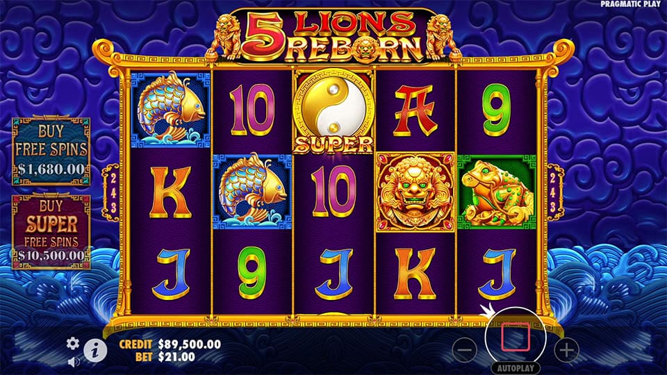 Super Scatter symbols appearing in 5 Lions Reborn slot, activating the Super Free Spins round.