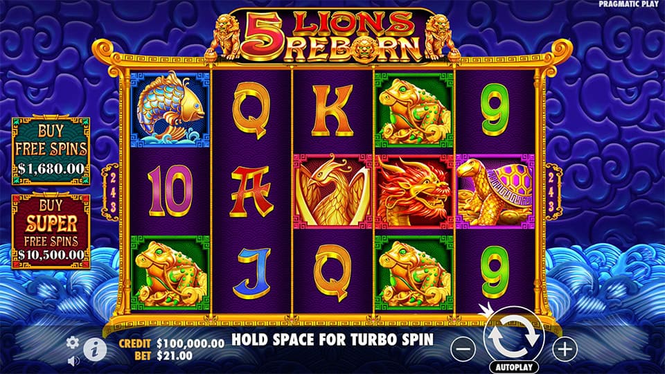 Gameplay preview of 5 Lions Reborn slot showing reels with Chinese-themed symbols and Super Scatter.