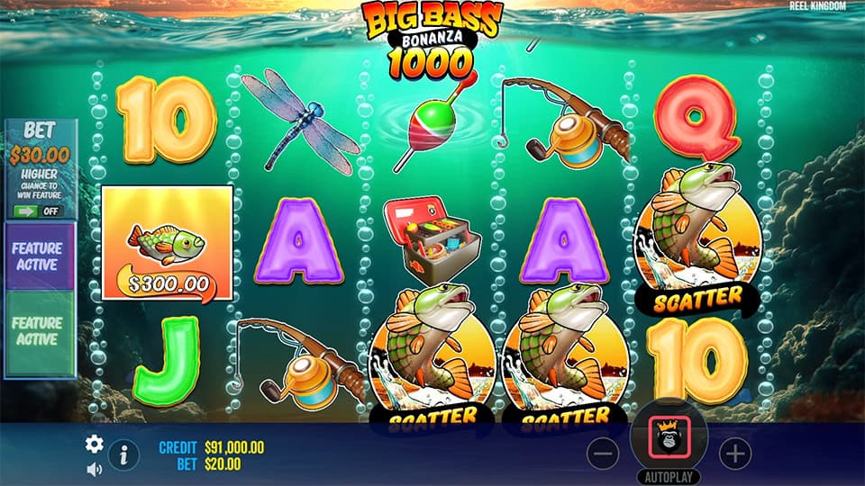 Big Bass Bonanza 1000 slot showing 3 scatters to trigger Free Spins feature