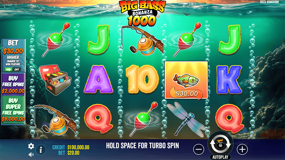 Big Bass Bonanza 1000 slot base game view with reels and active scatter symbols