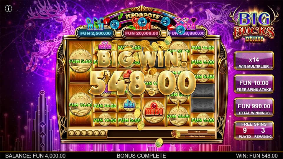 Big Bucks Deluxe slot showing a 548.00 win with coins flying across jackpot-labeled reels.