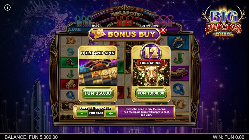 Big Bucks Deluxe bonus buy menu offering Free Spins and Hold and Spin modes with fixed prices.