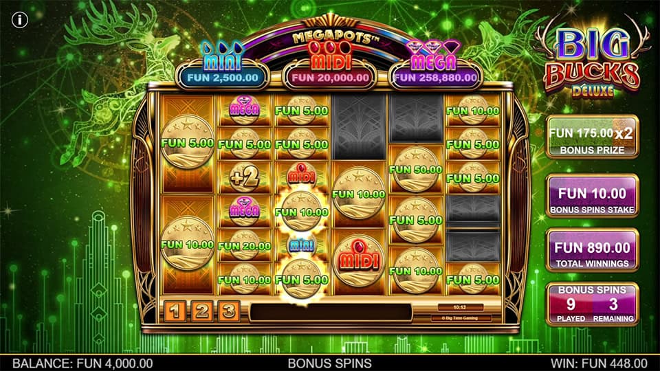 Bonus game with locked golden coins and jackpot prizes labeled Mini, Midi and Mega.