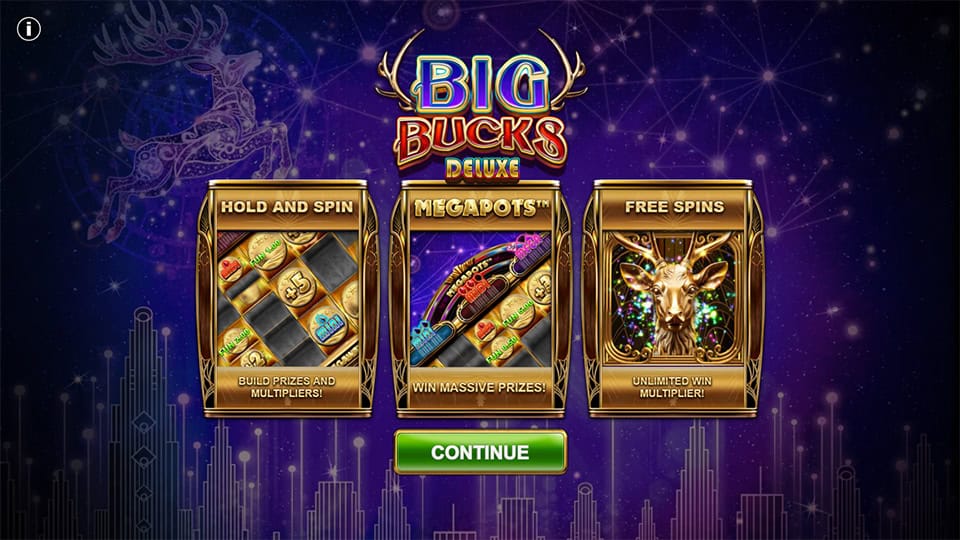 Intro screen for Big Bucks Deluxe explaining Hold and Spin, free spins and Megapots features.