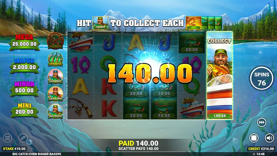 Win screen in Big Catch Even Bigger Bass slot displaying a &euro;140 payout.