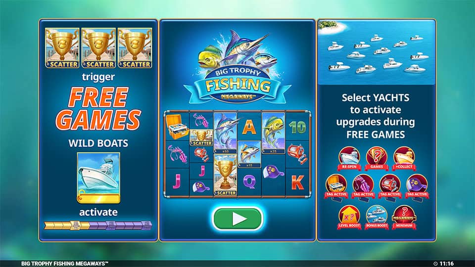Homepage of Big Trophy Fishing Megaways slot introducing game features and bonus mechanics.