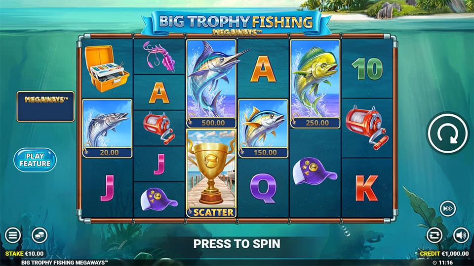 Preview of Big Trophy Fishing Megaways slot showing its Megaways reels and fishing symbols.