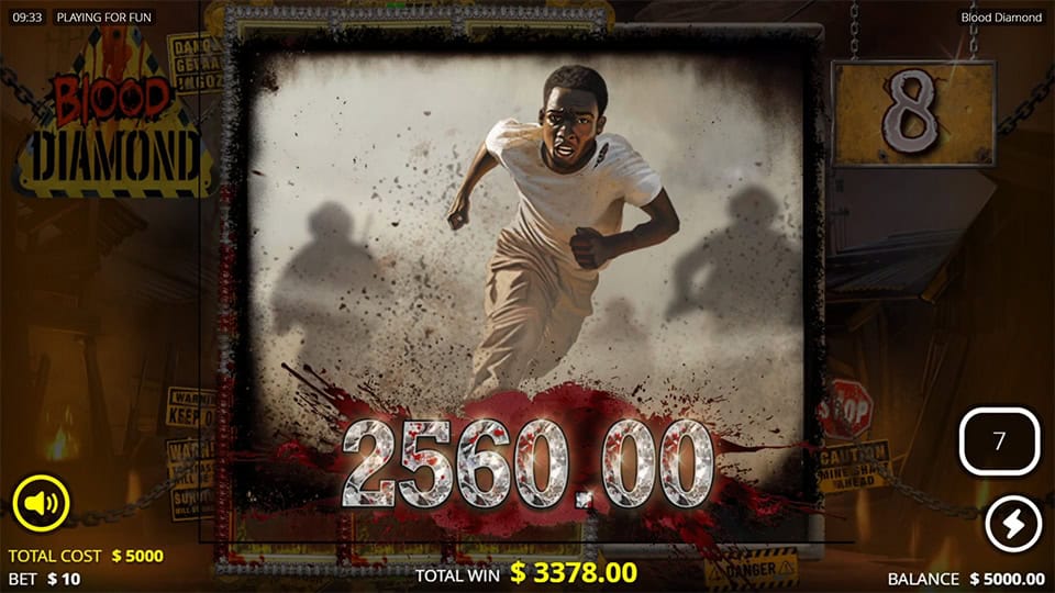 Big win display in Blood Diamond slot featuring a young runner in focus and a $2,560 prize over a grungy backdrop.
