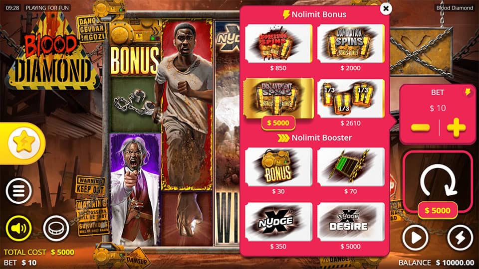Blood Diamond slot bonus buy menu offering access to different features including Enslavement Spins, xNudge and Nolimit Boosters.