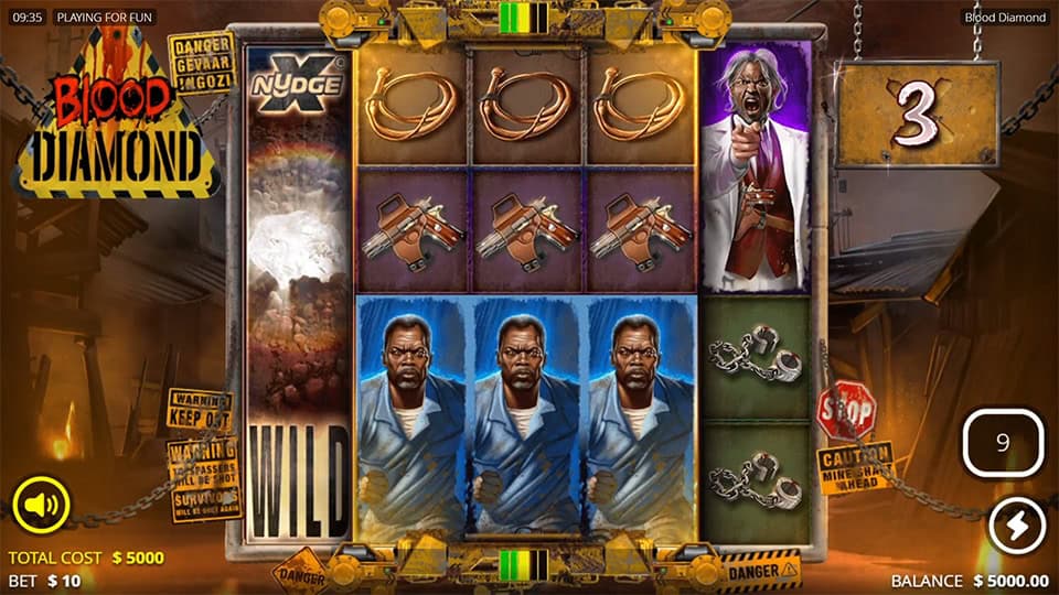 Blood Diamond gameplay with a full-height xNudge wild on the first reel and multiple stacked character symbols.