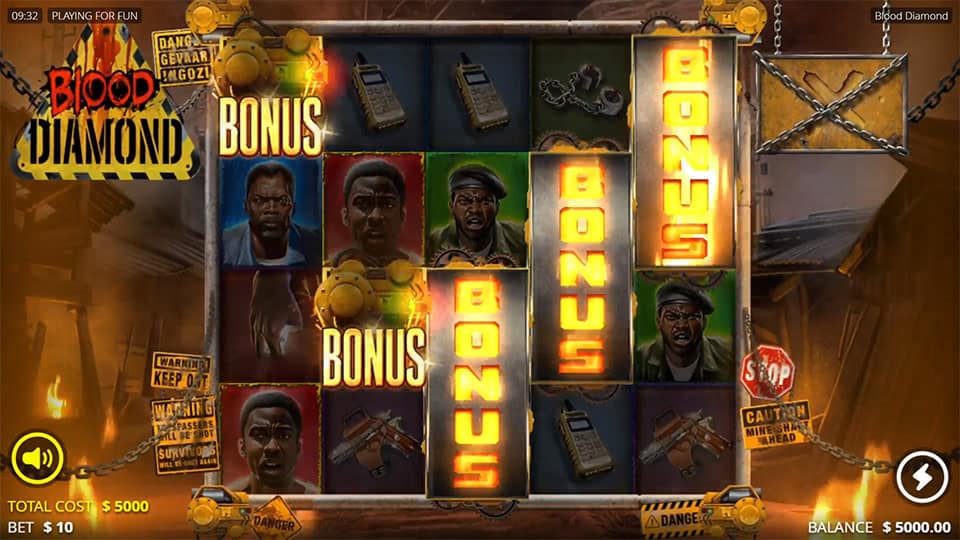 Blood Diamond game showing multiple BONUS symbols landing simultaneously across several reels to trigger a feature.