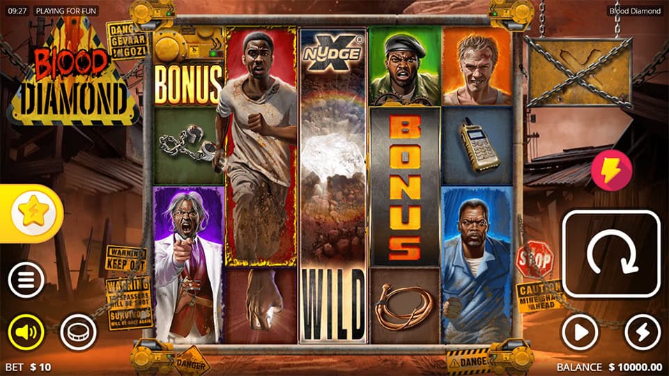 Blood Diamond base game screen with character symbols, xNudge wild in the center and two visible BONUS symbols.
