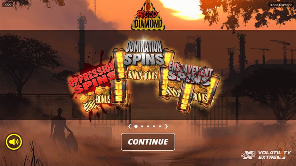 Blood Diamond main screen showing bonus types, game volatility info and the Continue button before entering gameplay.