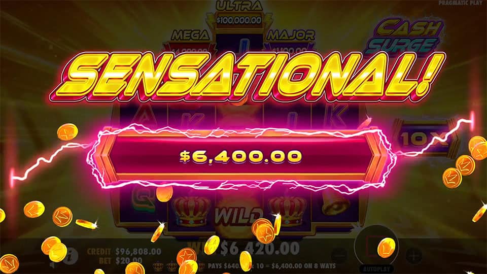 Sensational win screen with $6,400 highlighted in glowing pink
