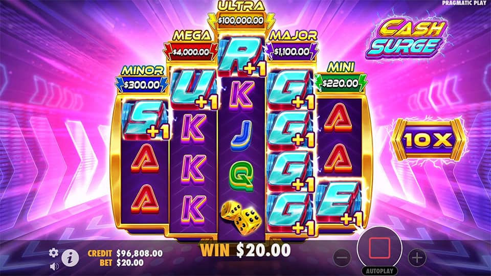 Slot reels showing “SURGE” letters to unlock 10x bonus feature