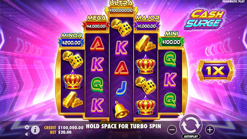 Cash Surge slot base game with vibrant reels and symbols