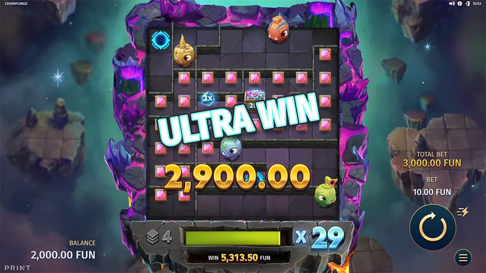 Ultra Win screen with 2,900 payout and glowing gem paths lit up across the grid