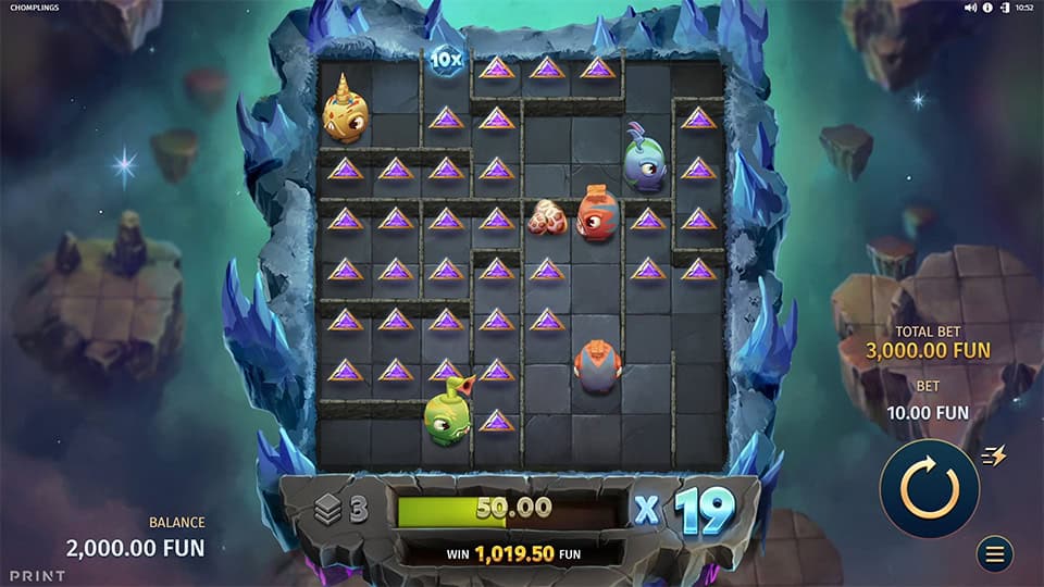 Chomplings slot showing egg symbols on a grassy game grid with multipliers