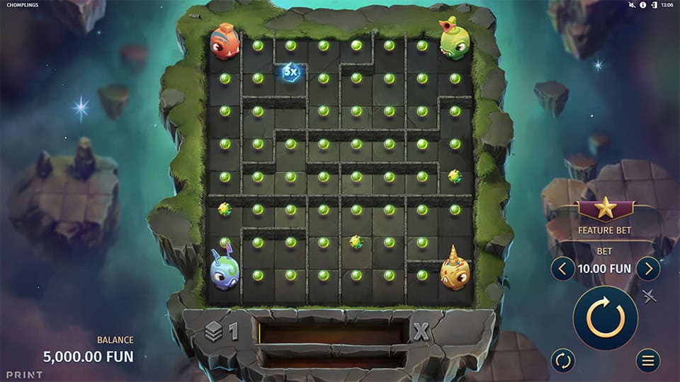 Chomplings base game in progress with cute creatures moving through gem-filled paths