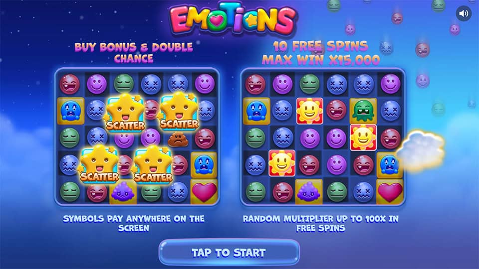 Homepage of Emotions slot introducing game features and bonus mechanics.