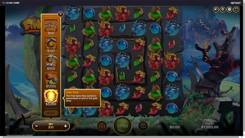 Finn and the Dragon Tales slot bonus buy screen with five Elevate features, including the Gold Zone option
