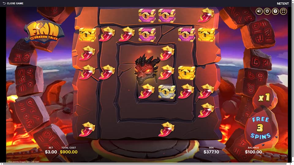 Finn and the Dragon Tales slot showing multiple treasure chests on the spiral, boosting potential payouts