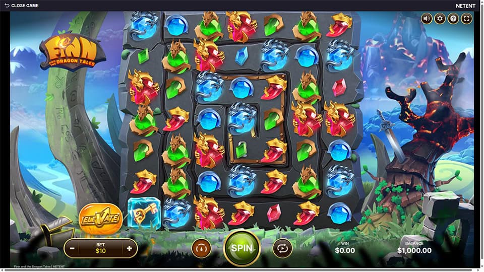 Finn and the Dragon Tales slot base game showing spiral reel layout with colorful gems and symbols