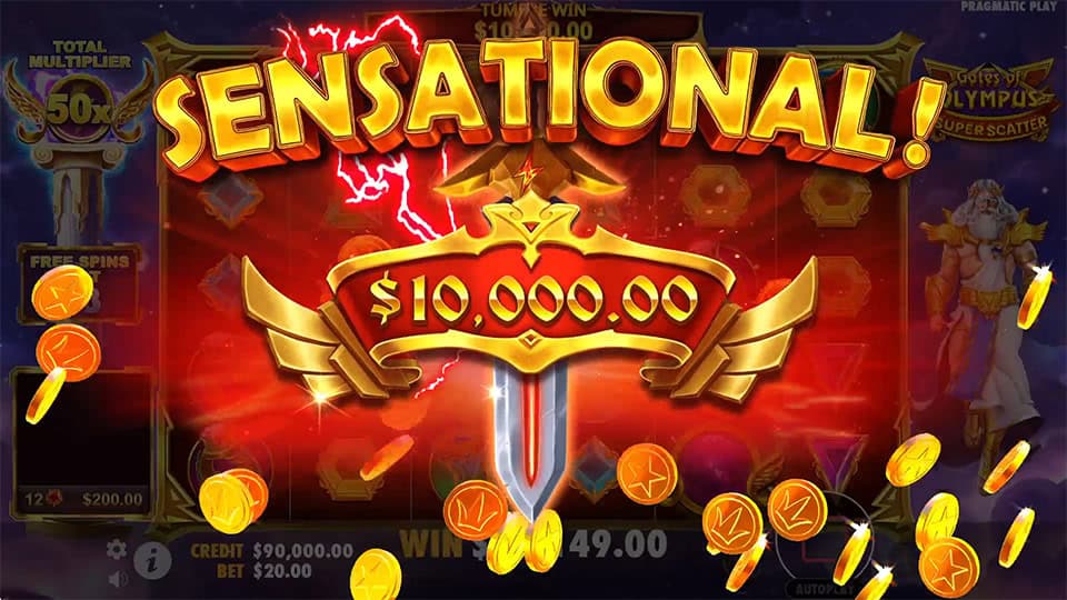 Gates of Olympus Super Scatter sensational win screen showing $10,000 payout