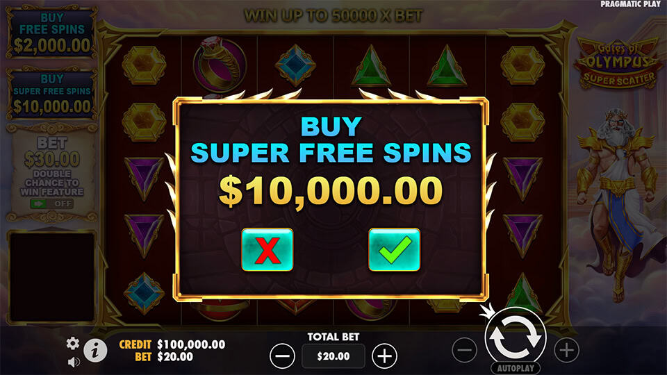 Gates of Olympus Super Scatter super free spins buy option for $10,000 bet